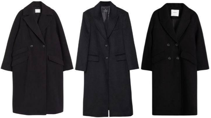 De izda. a dcha.: Abrigo de doble botonadura, de H&M (69,99€). Abrigo largo con hombreras, de Stradivarius (69,99€). Abrigo con los hombros caídos, de Bershka (49,99€)