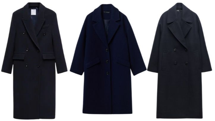 De izda. a dcha.: Abrigo de lana con doble abotonadura, de Sfera (179€). Abrigo cocoon, de Sfera (79,99€). Abrigo amplio de cuello solapa y manga larga, de Zara (59,99€)