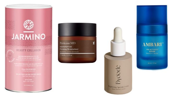 De izda. a dcha.: Beauty colágeno, de Jarmino (34,99€). Neuropeptide Firming Moisturizer, de Perricone MD (287€). Suero Brightening Sprouts Ecstasy, de Byoode (55€). Ambari PM Active 12 Serum (122€)
