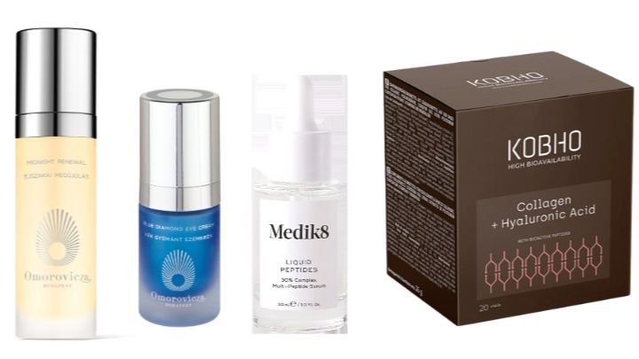 De izda. a dcha.: Midnight Renewal de Omorovicza y Blue Diamond Eye Cream, de Omorovicza (C.P.V.). Liquid Peptides de Medik8 (64€). Viales de colágeno y ácido hialurónico, de Kobho Labs (19,75€)