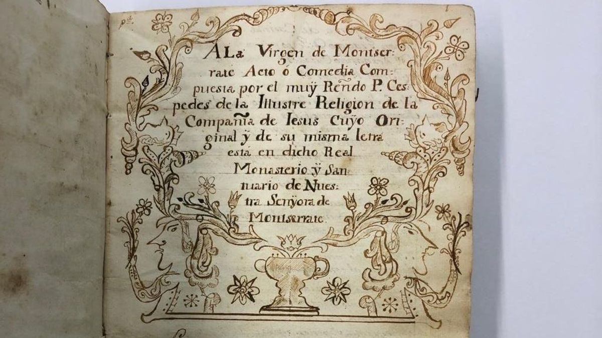 Detalle del manuscrito teatral titulado 'A la Virgen de Montserrat Acto o Comedia compuesta por el muy Reverendo P. Valentín Céspedes'