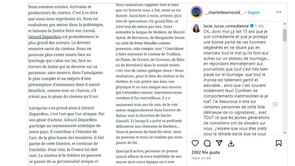 El comentario de Lucie Lucas en el Instagram de Charlotte Arnould en el que acusa a Victoria Abril