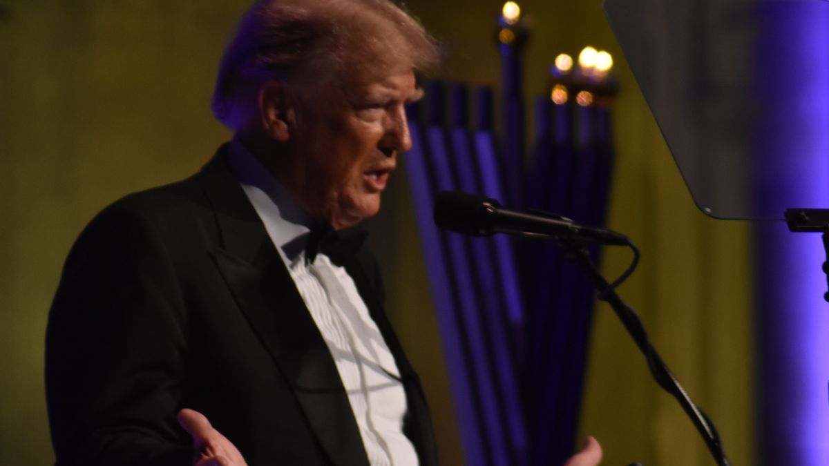 Former US President Donald J. Trump speaks about the indictments he is facing to the audience at the event in New York City. Former President of the United States Donald J. Trump is delivering remarks at the New York Young Republican Club 111th Gala in Manhattan. He is talking about his comments on being a dictator, the lawsuits and criminal trials he is facing, and the 2024 election.