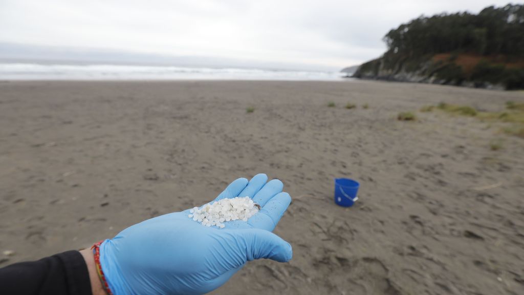 Un operario de TRAGSA coge con la mano pellets de plástico, en la playa Otur, a 9 de enero de 2024, en Valdés, Asturias (España)