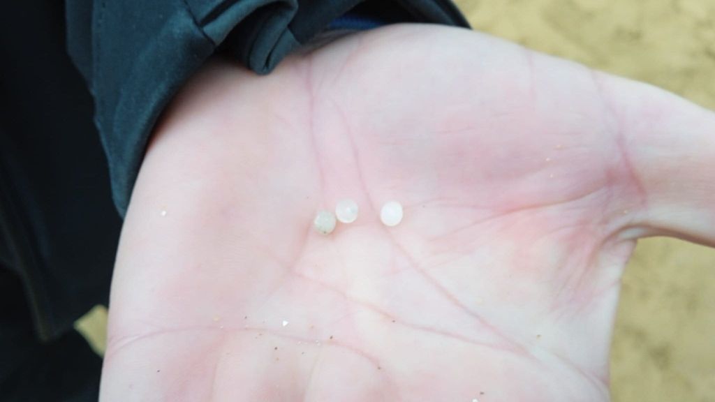 Bolitas de plástico recogidas este miércoles en la playa de La Arena, en Muskiz (Bizkaia)