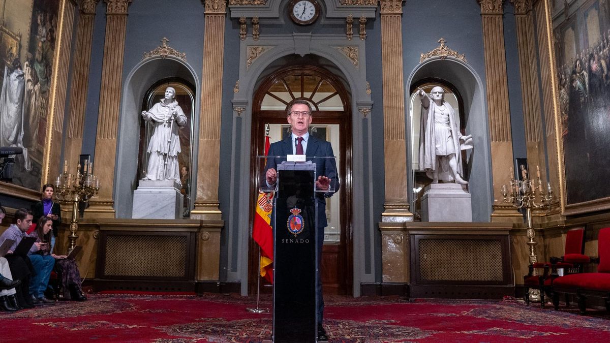 El presidente del PP, Alberto Núñez Feijóo, ofrece declaraciones en el exterior del pleno del Congreso, reunido excepcionalmente en el Senado