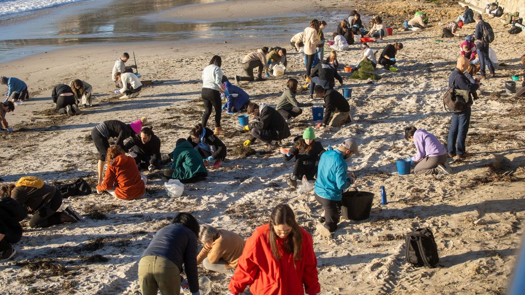 Centenares de voluntarios tratan de limpiar las playas de pellets en Galicia y Asturias