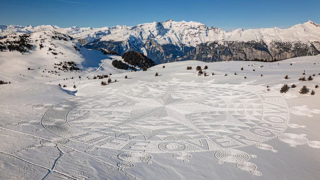 Greenpeace dibuja una enorme rosa de los vientos en los Alpes suizos para protestar contra el Foro de Davos