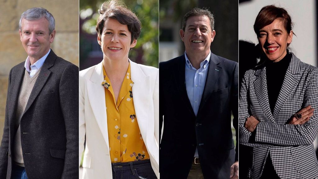 Los candidatos del PP, Alfonso Rueda; BNG, Ana Pontón; PSdeG, José Ramón Gómez Besteiro; y Sumar Galicia, Marta Lois