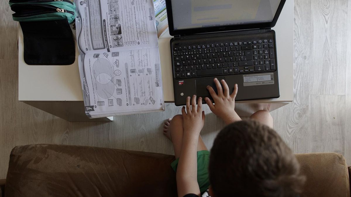 Un niño hace los deberes con un ordenador y varios libros