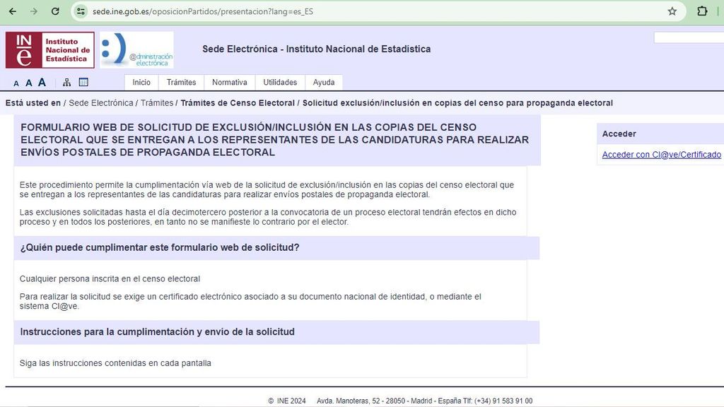 Formulario web de solicitud de exclusión/inclusión en las copias del censo electoral