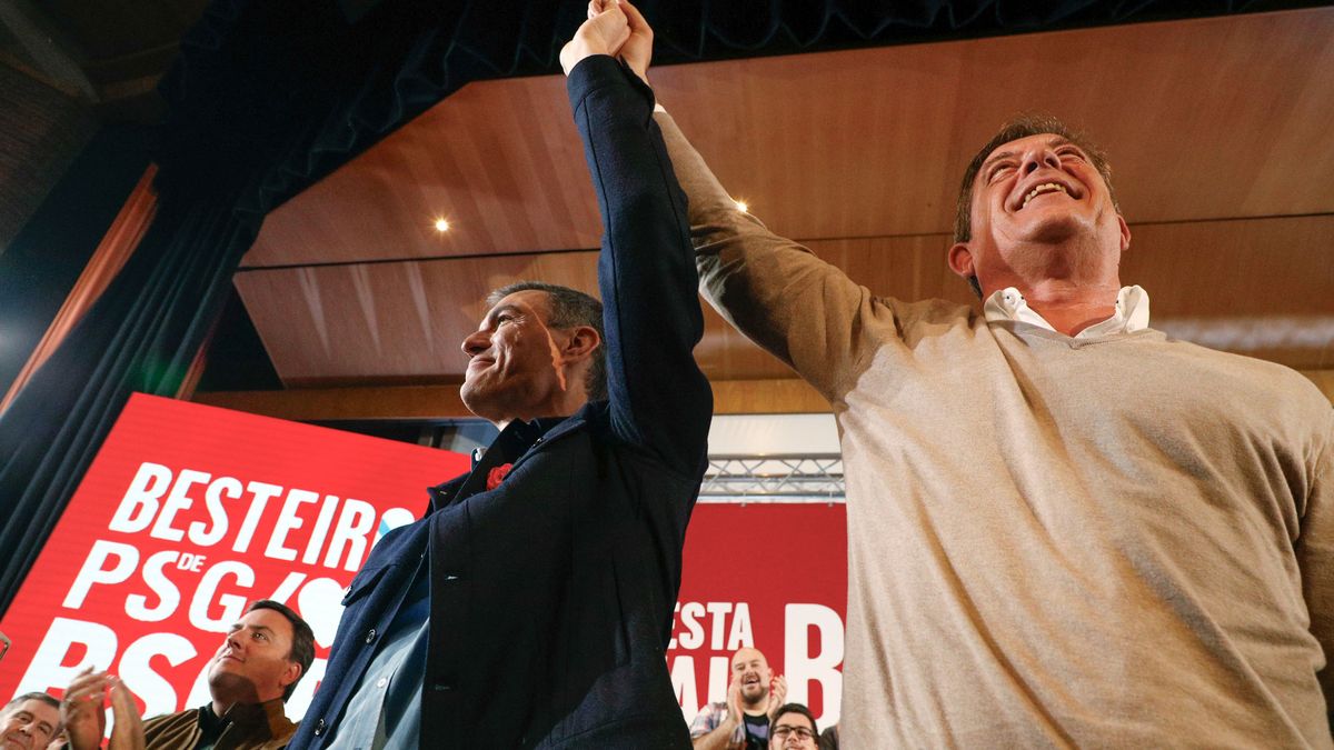 El secretario general del PSOE y presidente del Gobierno, Pedro Sánchez, arropa al candidato del PSdeG a la Presidencia de la Xunta, José Ramón Gómez Besteiro