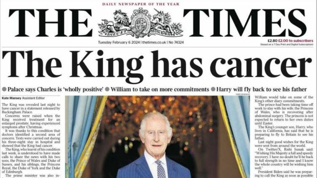 La portadas de los principales diarios británicos hablan del cáncer de Carlos de Inglaterra