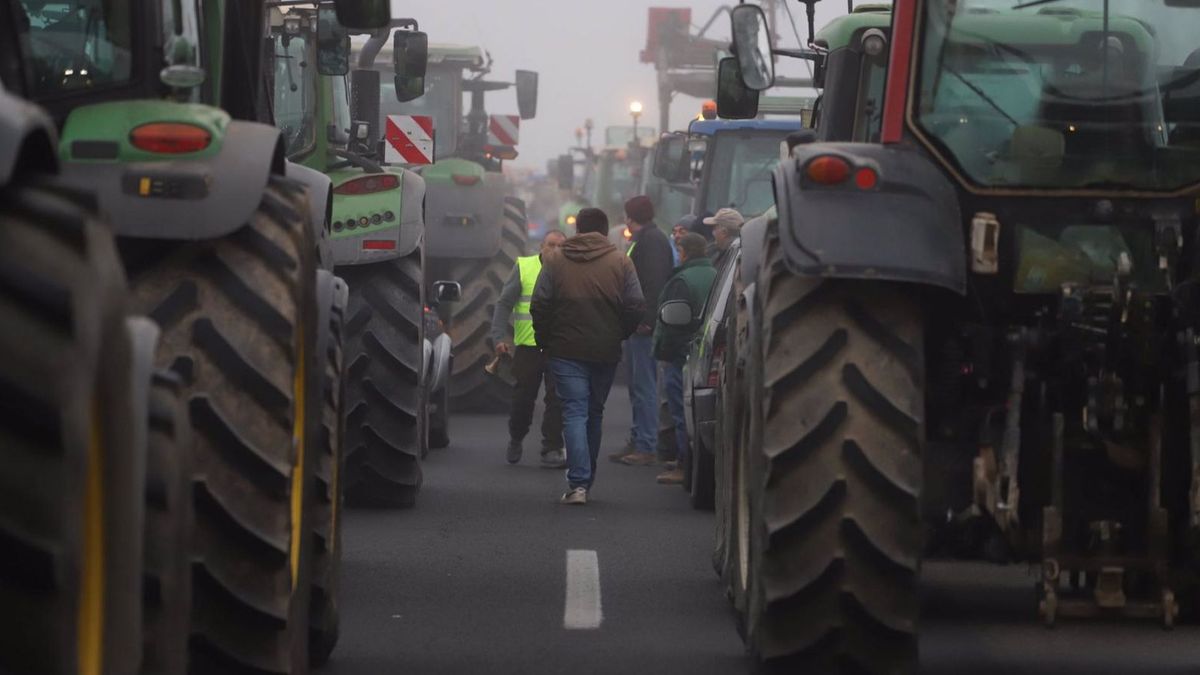 Tractores concentrados en la A-2 a su paso por Fondarella (Lleida)