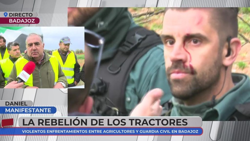 Un guardia civil resulta herido durante las protestas de los agricultores en Badajoz: "Se le ve sangrando"