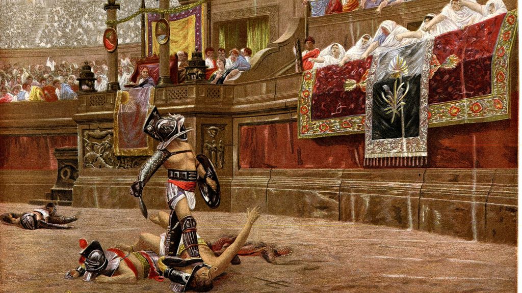 Gladiadores en el coliseo. Litografía del s. XIX.