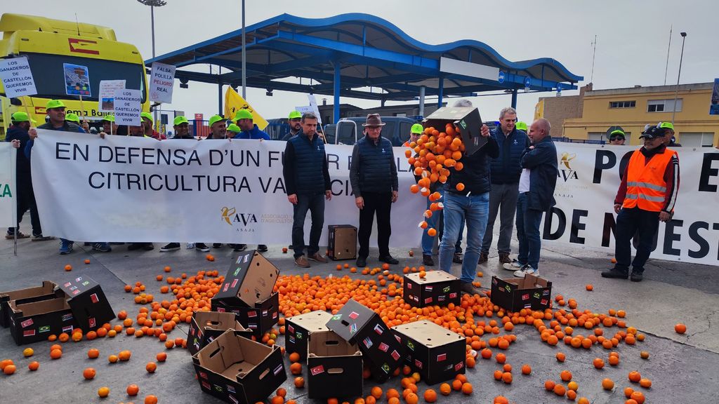 Los agricultores vacían cajones de naranjas a la entrada del puerto de Castellón