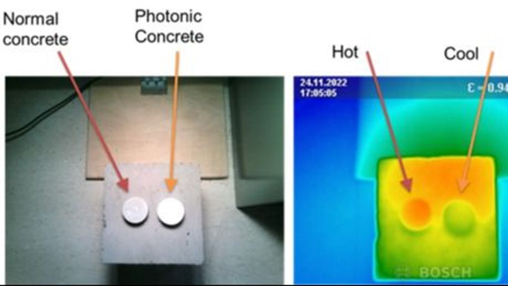 Una muestra de hormigon tradicional y otra del nuevo hormigón fotónico (photonic concrete). A la derecha, las muestras sometidas a la radicación solar