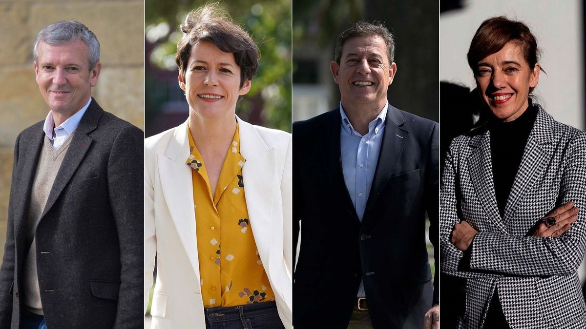 Los candidatos del PP, Alfonso Rueda; BNG, Ana Pontón; PSdeG, José Ramón Gómez Besteiro; y Sumar Galicia, Marta Lois.