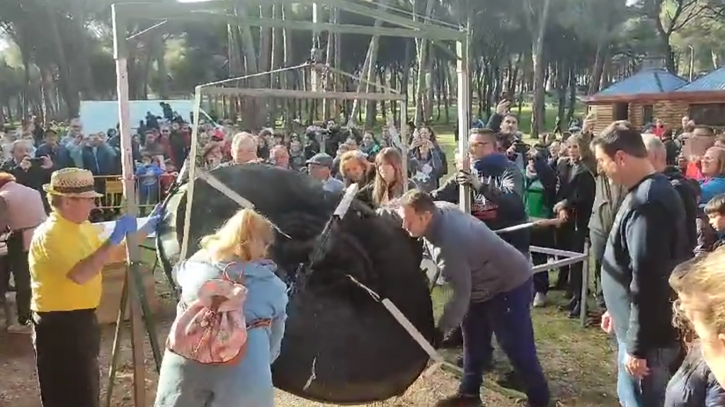 Así han conseguido dar la vuelta a una tortilla de 900 huevos: pesa 300 kilos y lo hacen para conmemorar el Día de la Vieja en Laguna de Duero