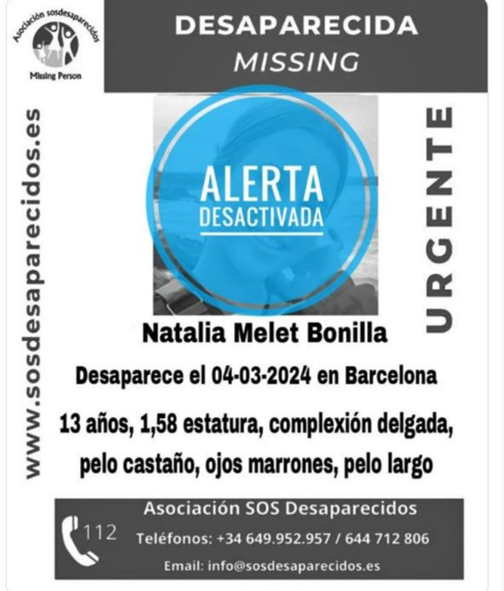 SOS Desaparecidos ha desactivado la alerta de búsqueda de Natalia Melet Bonilla