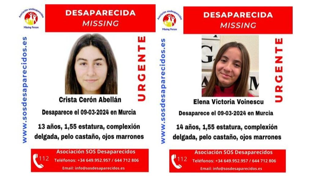 Cristina Cerón y Elena Victoria, dos menores de 13 y 14 años desaparecidas desde el sábado 9 de marzo en Murcia