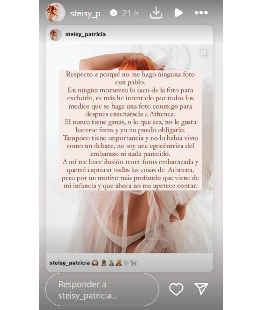 Steisy explica el motivo por el que no se hace fotos junto a Pablo durante su embarazo