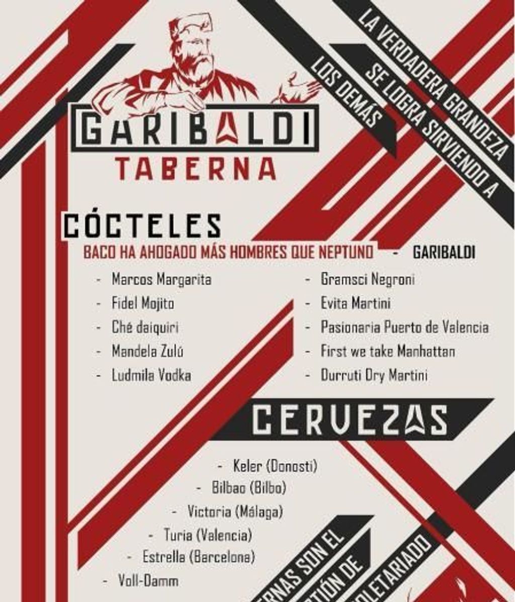 Carta de bebidas de la Taberna Garibaldi de Pablo Iglesias en Lavapiés