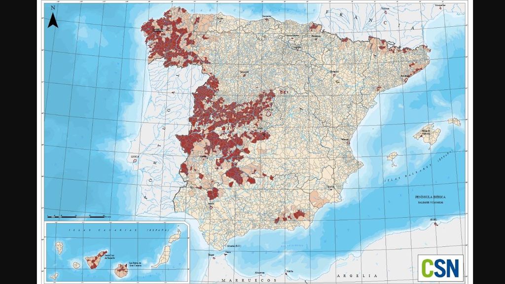 Este es el mapa del potencial de radón elaborado por el Consejo de Seguridad Nuclear de España