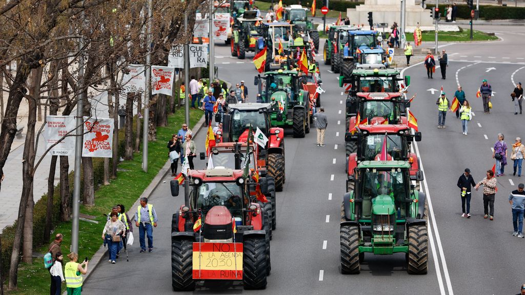 Agricultores y ganaderos participan en una tractorada de protesta en Madrid este domingo.