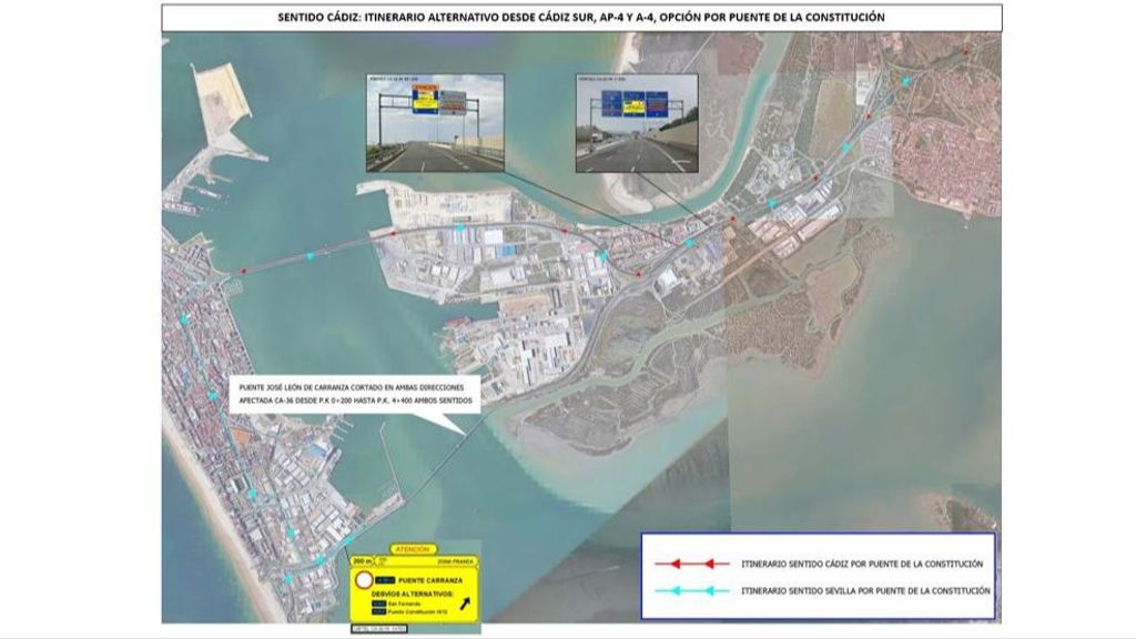 Itinerario sentido Cádiz por el Puente de la Constitución