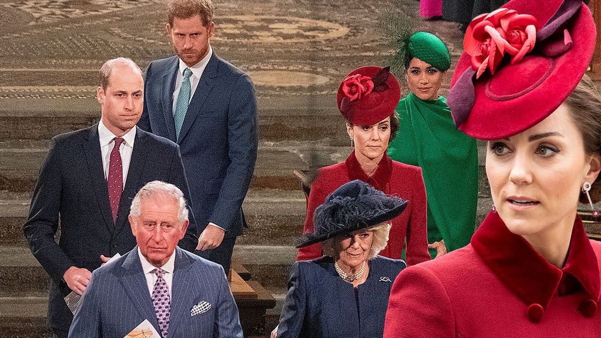 El rey Carlos III, la reina Camila, el príncipe Guillermo, Kate Middleton, el príncipe Harry y Meghan Markle