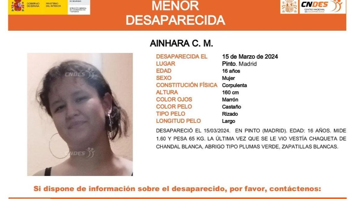 Ainhara C.M., una menor de 16 años desaparecida desde el 15 de marzo en Pinto, Madrid
