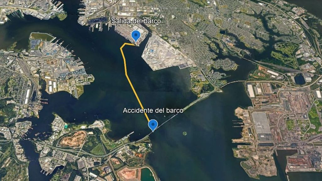 Mapa del accidente del barco en el puente Francis Scott Key de Baltimore