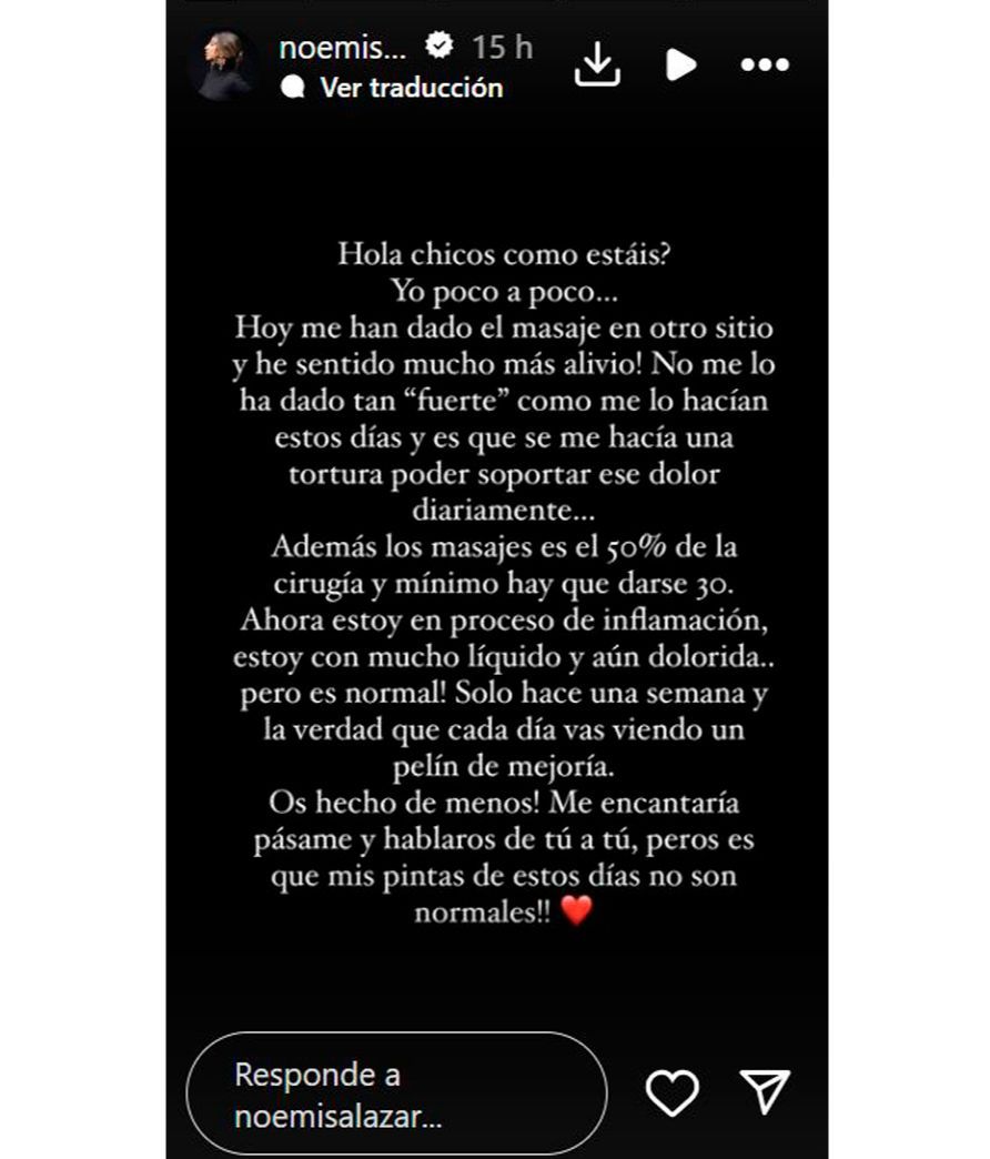 Noemí Salazar actualiza su estado de salud tras su liposucción