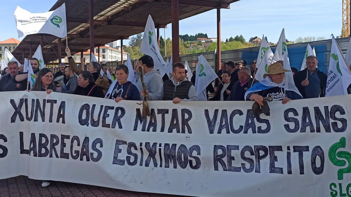 Los ganaderos han protestado ante la Xuntavacompañados de vecinos y miembros del Sindicato Labrego Galego (SLG)