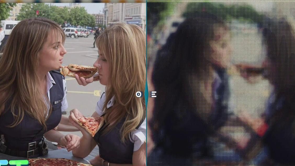 Dos mujeres comiendo pizza o un actor famoso