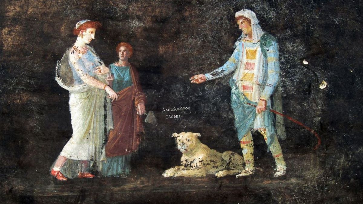 Los frescos a colores representan figuras alegóricas a la guerra de Troya