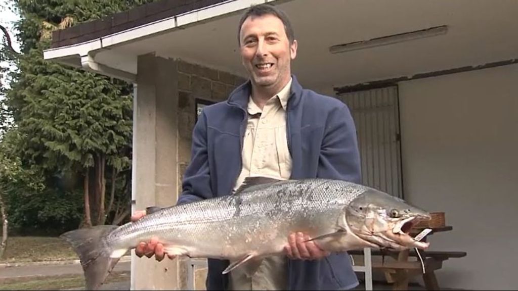 El pescador Gonzalo Díaz Soto saca el campanu 2024 en el río Narcea