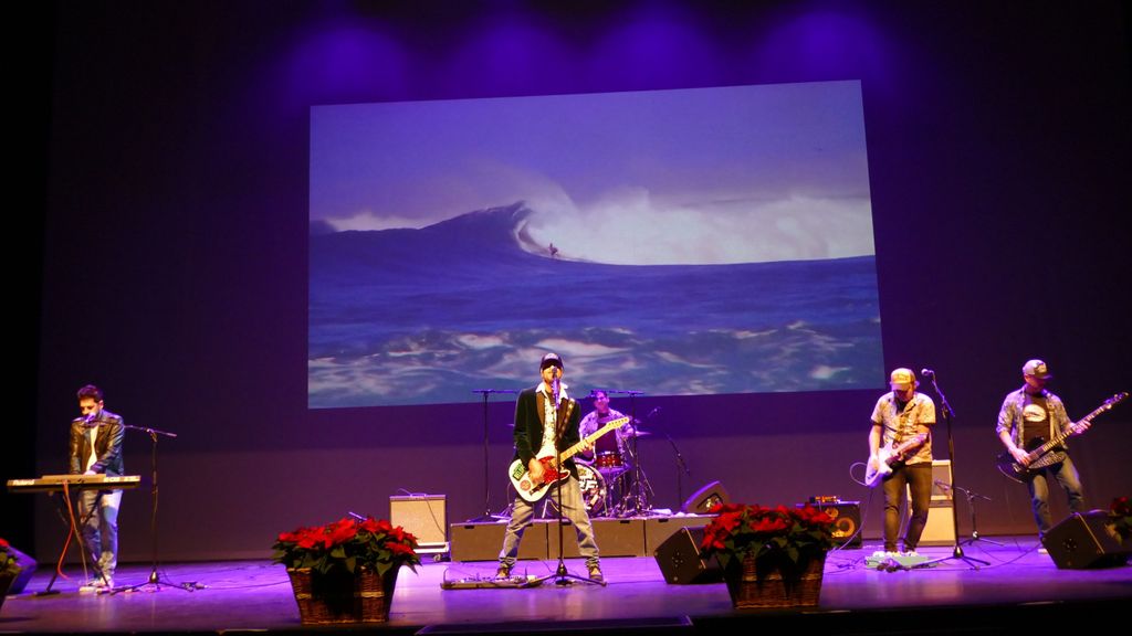 Jose Pellón, durante un concierto con una foto del mar de fondo