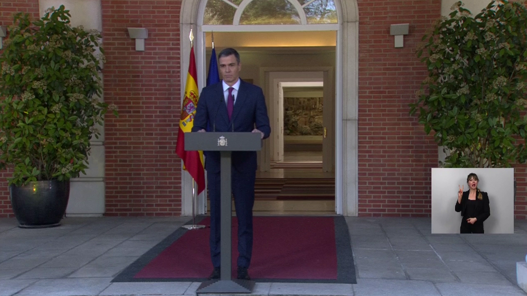 El presidente del Gobierno Pedro Sánchez durante la intervención desde Moncloa