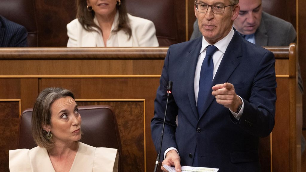 El líder del Partido Popular, Alberto Núñez Feijóo, interviene durante una sesión de control, en el Congreso de los Diputados, a 10 de abril de 2024, en Madrid (España).