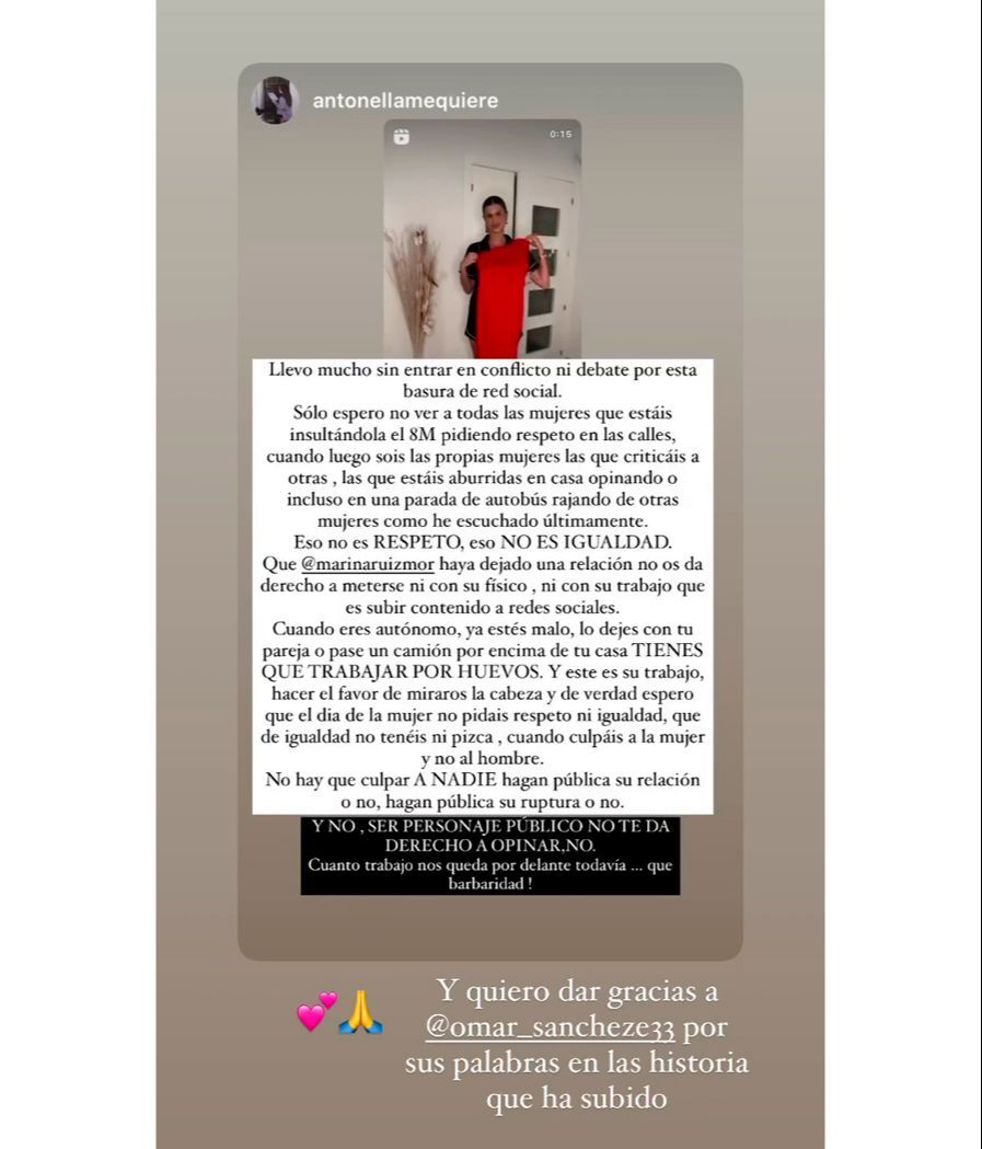 Marina Ruiz agradece el gesto de protección de Omar Sánchez hacia ella tras las críticas