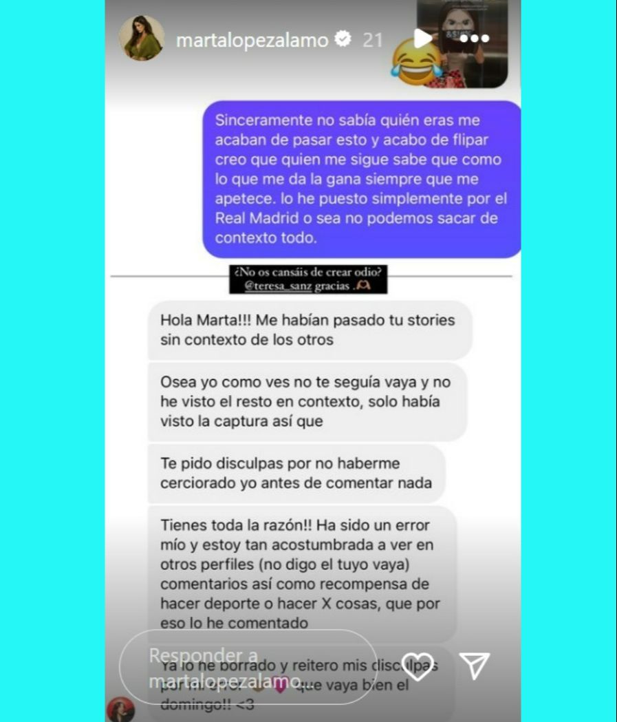 Marta López Álamo comparte las disculpas de Teresa Sanz
