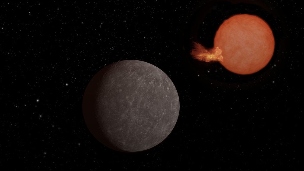 Representación artística del exoplaneta SPECULOOS-3 b orbitando una ardiente estrella roja que presenta una llamarada en su superficie