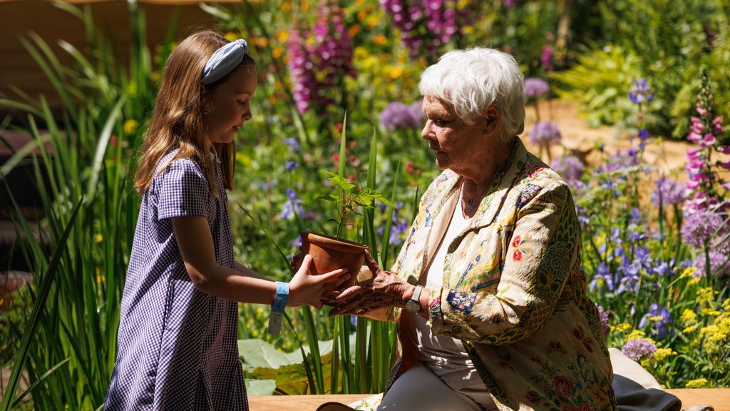 Judi Dench recibe una planta de parte de una alumna de primaria durante una exposición floral en Londres.