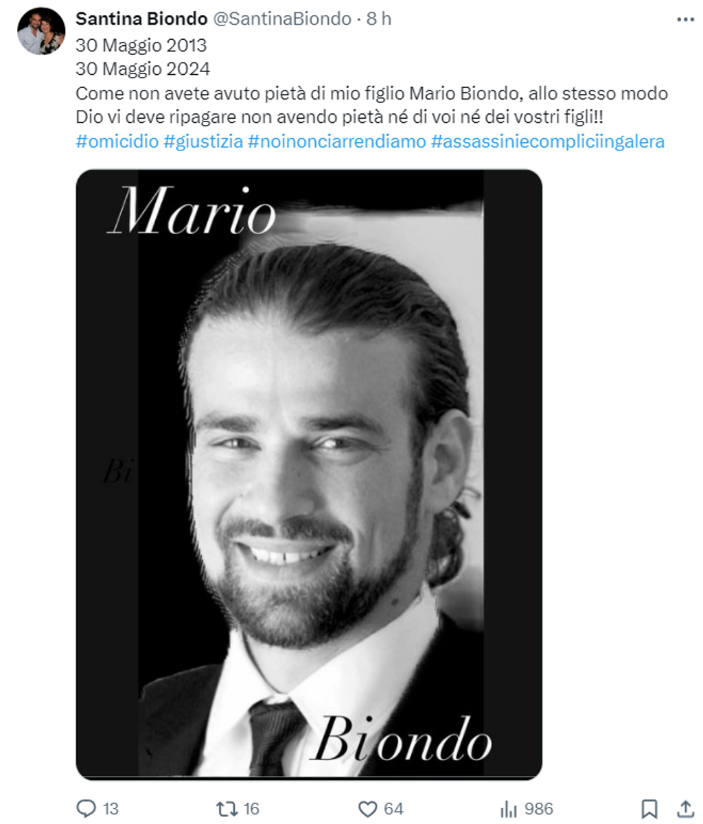 El mensaje de Santina, sobre la muerte de su hijo Mario