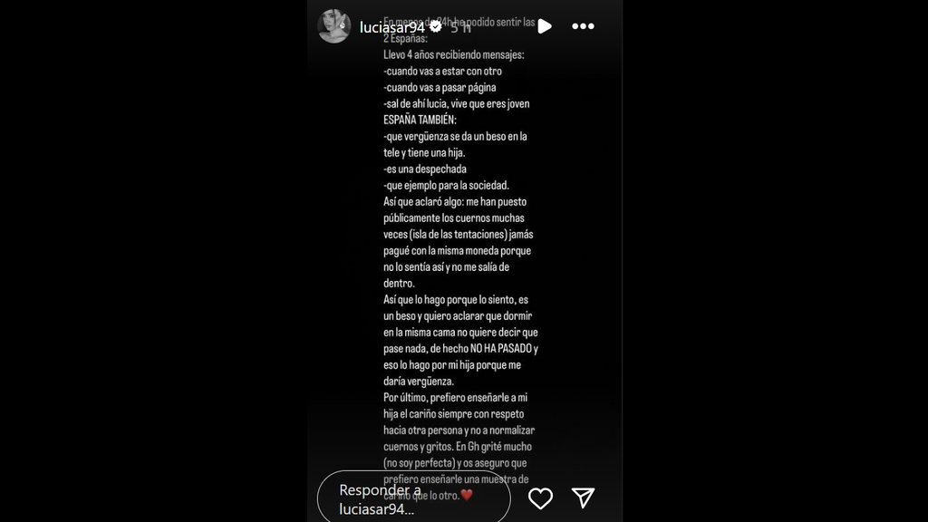 Lucía Sánchez se defiende de las críticas en una historia de Instagram