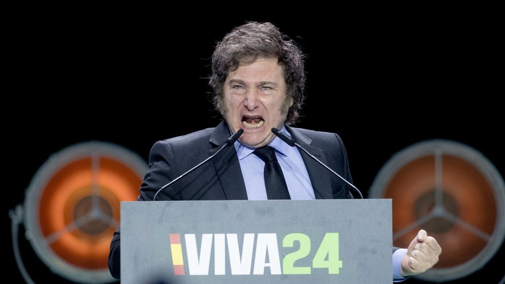 El presidente de Argentina, Javier Milei, durante el acto ‘Viva 24’ de VOX, en el Palacio de Vistalegre, a 19 de mayo de 2024, en Madrid (España).
