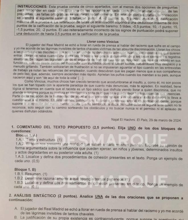 El examen de Vinicius en la EVAU